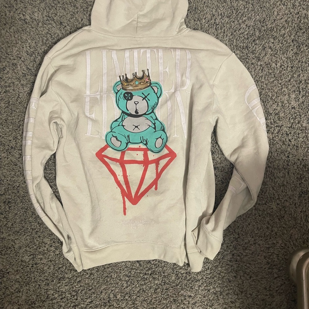 White Hoodie with Bear and Diamond Design